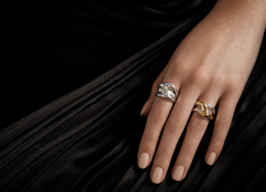 Sculptural rings styled on a hand